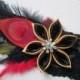Black & Gold Wedding Garter, Peacock Garter, Black Lace Prom Garter w/ Red- Black- Gold Feathers, Rustic- Country- Gatsby Bride