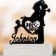 Mr And Mrs Wedding Cake topper with dog, bride and groom with personalized initial cake topper. unique wedding cake topper silhouette