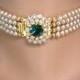 Emerald Bridal Choker, Great Gatsby, Pearl Choker, Bridal Jewelry, Pearl Necklace, Pearl And Emerald Necklace, Art Deco Statement