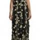 Cap-Sleeve Floral Embroidered Gown, Black/Gold