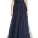 Sleeveless Illusion V-Neck Ruffled Gown, Abyss Blue