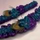 Wedding  Bridal Garter Set - Violets in Purple and Teal with Peacock Feathers