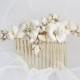 Opal and Crystal Rhinestones with White Flowers on Gold Plated Haircomb  -  Bridal  Gold Haircomb - Wedding Floral Crystal Bun Ornament