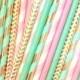 Pink and Mint Party Supplies -Mint Straws -Pink Straws -Gold Foil Straws -Mint and Pink Wedding Decorations -Pink Stripe -Mint Stripe *Gold