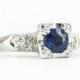 Vintage Sapphire & Diamond Engagement Ring, Circa 1940s Three Stone Ring in 14 Carat White Gold.