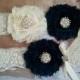 SALE - Wedding Garter, Bridal Garter, Garter - Navy/Ivory Garter Set with Pearl & Rhinestone on a Ivory Lace -  Style G2062