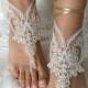 Champagne ivory frame lariat barefoot sandals, french lace sandals, wedding anklet, Beach wedding barefoot sandals, embroidered sandals