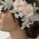 Bridal Lace Hair Piece, ivory salmon 3D Floral Wedding Headpiece, Bridal Lace Headpiece, Rhinestone hairpiece Bridal Hair, Accessories