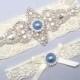 Something Blue Bridal Garter Set, Crystal Rhinestone Pearl Keepsake / Toss Garters, Ivory / White Stretch Lace Wedding Garter, Light Blue