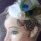 Bridal Hat, Peacock Feather Fascinator, Ivory Birdcage Veil, Pearl Wedding Veil, Blusher Veil, Unique Bridal Veil, Victorian Wedding Veil
