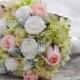Silk Wedding Bouquet, Wedding Bouquet, Keepsake Bouquet, Bridal Bouquet Silk Green hydrangea, salmon roses and blue hyacinth bouquet
