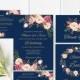 Navy Wedding Invitation Template, Boho Chic Wedding Invitation Suite, Floral Wedding Set, , Editable PDF - you personalize at home.