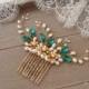 Emerald Green Hair Comb with Pearls, Emerald Bridal Comb, Green Crystal Comb, Gold Emerald Wedding Hair Accessories, Floral Vines Hair Piece