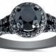 Black Diamond Engagement Ring, Black Diamond Halo 1.80cttw Black Diamond Halo Engagement Ring Split Shank Pave Style 14K Black Gold Size 4-9