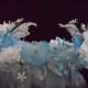 Handmade Veil Flowered Headpiece Aqua Tulle Wedding Bridal Bride Beach Garden Halloween Costume Cosplay