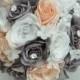 17 Piece Package Wedding Bridal Bouquet Silk Flowers Bouquets Artificial Bride BLUSH GREY JEWELS Faux Diamonds "Lily of Angeles" GYBS01"