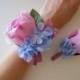 Pink Rose Wrist Corsage Light Blue Hydrangea Accent with Matching Bout