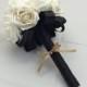 Bridesmaid or throw flower bouquet, black and white wedding silk ribbon made to order