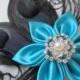 Turquoise & Black Hair Clip, Bridesmaid Fascinator, Teal Blue Hair Flower w/ optional Birdcage Veil, Prom or Homecoming Hair Clip
