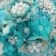 Vintage Bridal Brooch Bouquet - Pearl Rhinestone Crystal - Silver Teal Blue Aqua Blue Ivory - Starfish - BB053LX