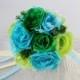 Paper Flower Bouquet - Roses and Peonies Ribbon - Wedding Bouquet, Centerpiece, Handmade - Blue Green Aquamarine Teal