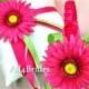 Hot pink and green gerber daisy ring pillow and flower girl basket, wedding ring cushion and basket set