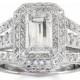 Ladies Platinum antique engagement ring with 2ct Lannyte Emerald cut and 1.25 ctw G-VS2 diamonds