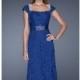 Marine Blue Lace Ruched Gown by La Femme - Color Your Classy Wardrobe