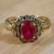 Art Deco Ruby Ring / Vintage 10k Yellow Gold Ruby and White Topaz Ring / Engagement Ring / Size 9