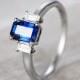 Baguette Sapphire Engagement ring,14K white gold ring,Sapphire diamond ring,Sapphire wedding ring,Sapphire solitaire ring,Baguette gold ring