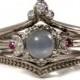 Lunar Temple Grey Moonstone, Ruby and Diamond Moon Engagement Ring Set - 14k Palladium White Gold
