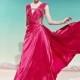 In Stock Magnificent A-line Low V-neck Natural Waist Ruched Beaded Floor Length Evening Dress - overpinks.com