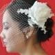 Bandeau 906 -- "PEONY" VEIL SET w/ Flower Feather Fascinator Hair Clip & Ivory or White 9" Birdcage Blusher Veil for bridal wedding