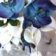 Blue orchid white calla lily bridal bouquet and boutonniere set