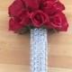 Red Silk Real Touch Roses Wedding Bouquet with Crystal Diamante Brooch Gems - Bridesmaid Bridal Bouquet