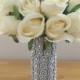 White Ivory Silk Real Touch Roses Wedding Bouquet with Crystal Diamante Brooch Gems - Bridesmaid Bridal Bouquet