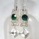 Art Deco Emerald Earrings, Green & Crystal Rhinestone Sterling Silver Dangle, Vintage Paste Drop Bridal Statement 1920s Great Gatsby Jewelry