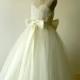 Ivory Lace Flower Girl Dress Floor Length with Blush Sash and Bow