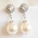 Swarovski Pearl Wedding Earrings, Crystal Halo Bridal Earrings, Modern Vintage Style Wedding Dangle Stud Earrings, Bridal Jewelry, LUCIE