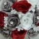 17 Piece Package Wedding Bridal Bouquet Silk Flowers Bouquets Artificial Bride RED GREY JEWELS Faux Diamonds "Lily of Angeles" GYRE01"