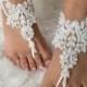 White pearl lace barefoot sandals, FREE SHIP, beach wedding barefoot sandals, bridal anklet, lace shoes, bridesmaid gift, beach shoes
