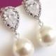 wedding earrings, pearl drop bridal earrings, pearl earrings, cz pearl wedding jewelry, bridesmaid earrings, ivory pearl wedding earings