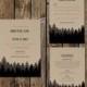 DIY Printable Woodsy Wedding Invitations with RSVP & Information Card. Kraft Paper Background, Black and Charcoal pine trees and mountains.