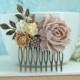 Shabby Dusty Pink Rose, Ivory, Brown, Leaf, Vintage Style Hair Comb. Bridesmaids Gift. Nature Ranch Country Wedding.