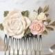 Bridal Hair Comb Large Ivory Blush Pink Rose Pearl Antique Gold Brass Leaf Branch Hair Comb Rustic Vintage Wedding Country Wedding Victorian