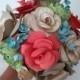 Song sheet rose, coral rose, gold anemones, green ranunculus, paper flower, bridal flowers, burlap wrapped handle, wedding flowers, unique