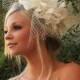 BRIDAL HEADPIECE feather fascinator with Russian Netting and Pearls by Vegas Veils