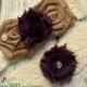 EGGPLANT Ivory Bridal Garter Set - Keepsake & Toss Garters - Burlap Chiffon Flower Lace Garters - Rustic Country Wedding - Dark Purple