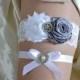 Beautiful Grey and White Bridal Garter Set - Grey Keepsake, Wedding Garter - Chiffon Flower Rhinestone Lace Garters - Vintage Garter.