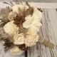 READY to SHIP Winter wedding rustic woodland bridal bridesmaid BOUQUET Cream sola Flower pine cones natural guinea hen feathers lotos